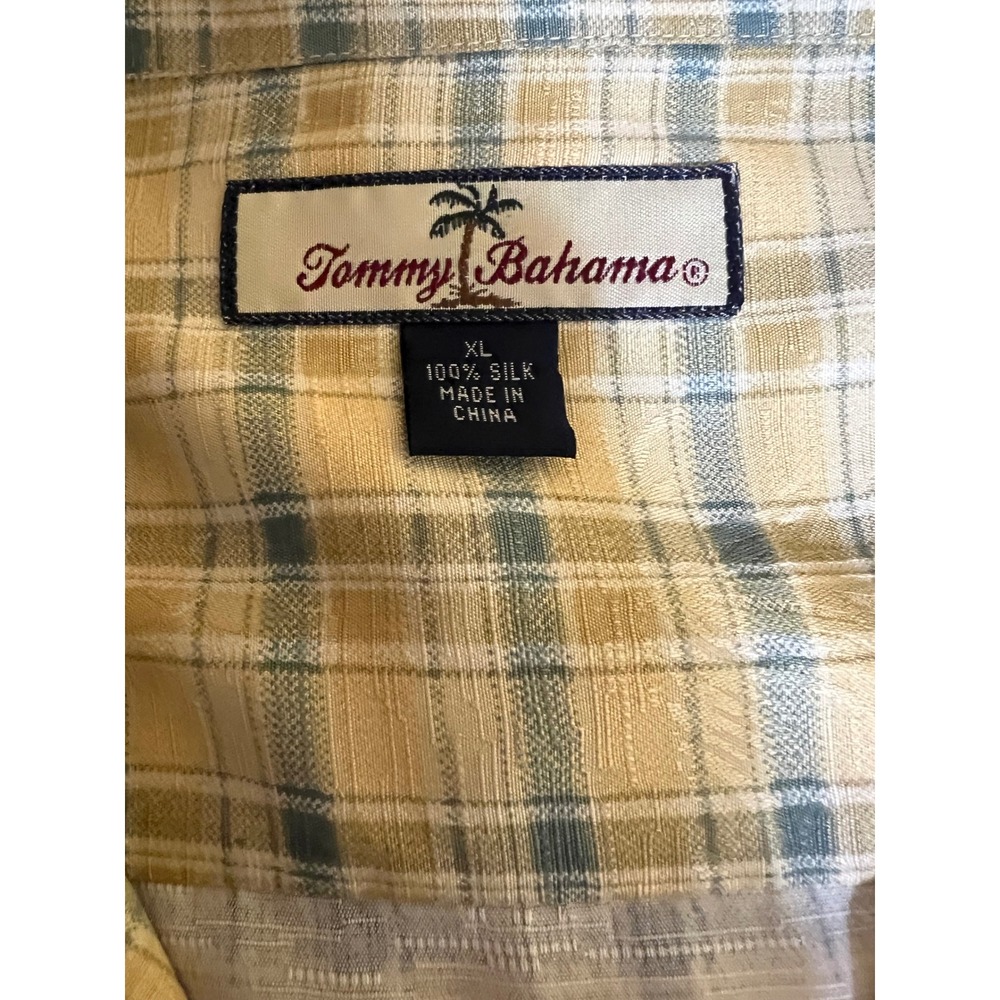 Tommy Bahama Mens XL Silk Plaid Palm Tree Jacquard Short Sleeve Button‎ Down  XL